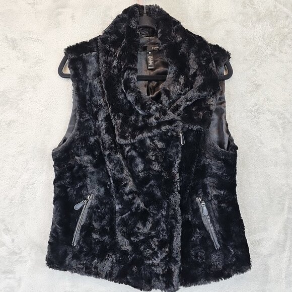 Aqua Faux Fur Vest Womens Size L Black Double Breasted Zip Shawl Collar Jacket - Picture 1 of 5